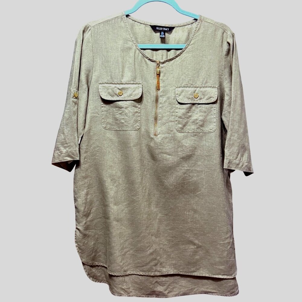 Ellen Tracy size M 100% linen army green decorative zip front short sleeve top